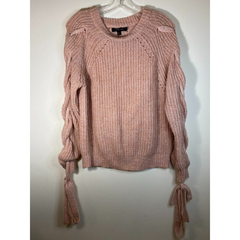 Love Tree Women's Pink Lace Up Sleeve Crew Neck Pullover Sweater Size Large